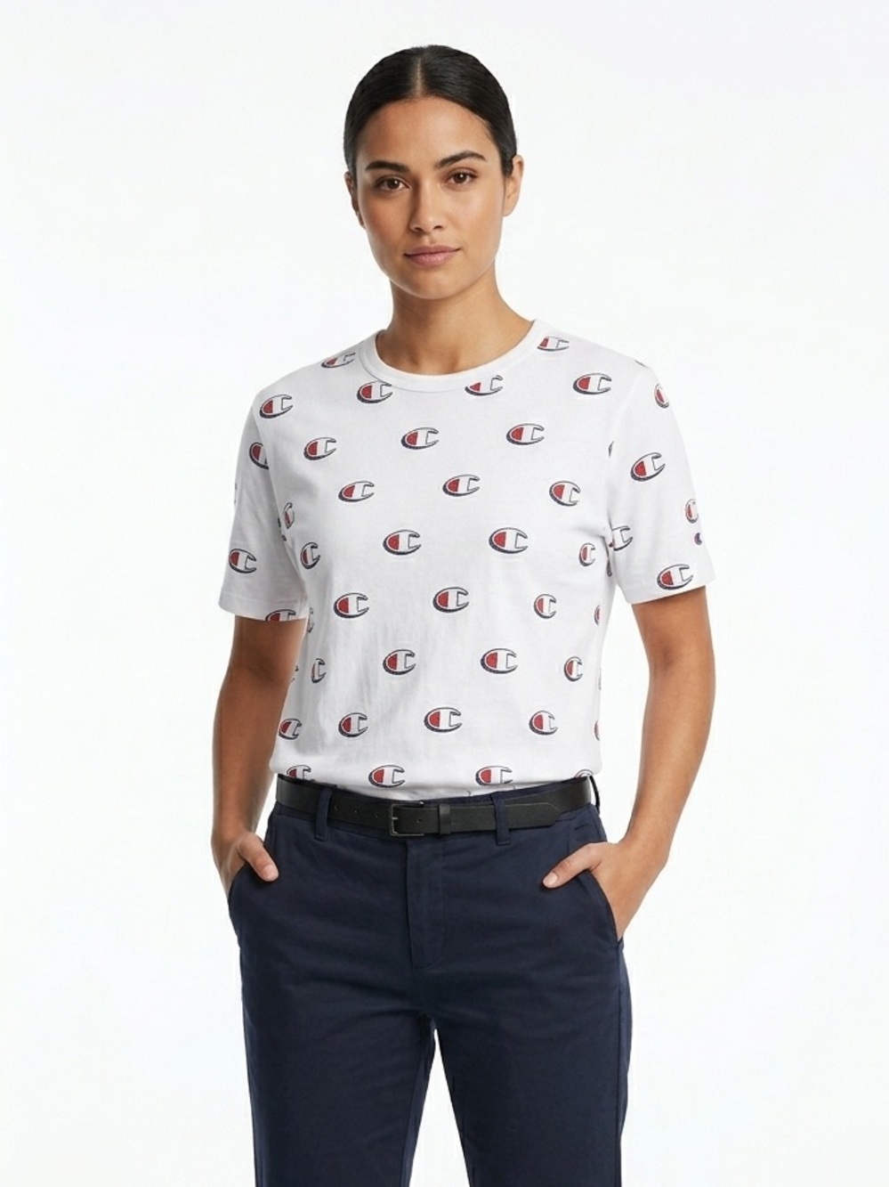 Champion Heritage Allover Logo Graphic Tee White Red Blue Small NWOT
